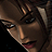 Pixelated close-up of a character's face with brown hair and dark eyes, rendered in low-resolution 256x256 pixels.