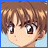Pixelated close-up of a character's face with brown hair, large dark eyes, and light skin against a blue background.