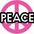 Pink peace sign with black text overlays reading PEACE, LOVE, and DREAM in pixelated font.