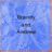 Pixelated blue background with dark horizontal bars and faint star-like shapes, bordered by a thin orange frame.