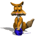 Animated fox avatar with orange-brown fur, white chest, and pink nose holding a blue ball on white background.