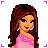 A 5x5 contact sheet of pixel art frames showing a cartoon woman in various poses and outfits with pink text fragments scattered across the background.