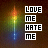 Two side-by-side static images of a pixelated torch with rainbow gradient background and text blocks reading LOVE ME HATE ME in white and pink boxes.