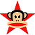Pixelated cartoon monkey with black hair and red star-shaped body, wearing a red cone hat and wrapped in beige rope-like bands across the chest.