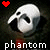 A pixelated white mask with black eye and mouth openings floats against a dark background, accompanied by red text reading 'phantom' below.
