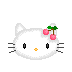 Pixelated white cat face with pink cherry cluster on left side, black whiskers, orange nose; two pairs of eyes alternate between open and closed states.
