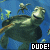 Animated pixel art of a smiling sea turtle in blue water with small fish, displaying text overlays "DUDE!", "GRAB", and "SHELL" across frames.
