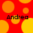 Red background with orange and yellow circles; four instances of the name "Andrea" in black text.