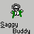Pixel art character with gray hair, green jacket, white shirt, and pink shoes in multiple poses beneath text reading "Saggy Buddy".
