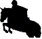 Black silhouette of a rider on horseback with visible head, body, and legs against white background.