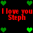 Pixelated red text "I love you Steph" surrounded by green heart icons on a black background, with repeated text and heart arrangements.
