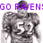 Pixelated grayscale football player in uniform with number 52, overlaid purple text "GO RAVENS!" across multiple views.