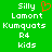 Green background with white pixelated text reading Silly Lamont Kumquats R4 kids and an orange heart symbol above the 'Lamont' text.