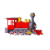 Red and gray steam locomotive with yellow accents rotates through multiple angles on white background.