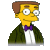 Pixelated cartoon character with yellow skin, brown hair, glasses, purple bow tie, and dark green jacket over white shirt against gray background.