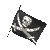Nine pixelated black flags with white skull and crossbones symbols arranged in a , each flag showing slight variations in orientation against a gray background