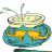 A 48x48 pixel animated buddy icon featuring a blue fishbowl with two yellow goldfish swimming inside, topped with green aquatic plants and white bubbles on the left side against a gray background.