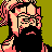 Pixelated 48x48 static icon of a bearded man with glasses against olive green background, rendered in limited color palette with dithering effects.