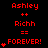 Red pixel text on black background displays 'Ashley', 'Richh', '==', 'FOREVER!', and heart symbols in multiple with varying heart counts per
