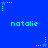 Blue background with repeating light blue text 'natalie' and green star-shaped icons with dotted lines.