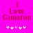 Pixelated text "I Love Cameron" on bright pink background with five white hearts below, two versions showing heart animation.