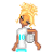 Pixelated character with blonde hair holding a silver cup, surrounded by scattered text fragments in various colors and fonts.