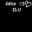 Two side-by-side pixelated text displays on black background, each showing 'Allie <3 ILU' with the left version featuring a heart symbol replacing the '<3' character.