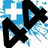 Pixelated icon with black triangular shapes and blue-and-white background elements including a cross-like symbol.