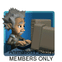 Pixelated cartoon figure with gray hair typing on a beige computer, blue background, 'Animation-Ready' and 'MEMBERS ONLY' text below.