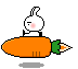 Pixel art of a white rabbit with pink cheeks riding an orange carrot-shaped rocket with green top and pencil tip, on gray background.
