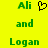 Green pixelated text 'Ali and Logan' on bright yellow background with black heart symbol between names.