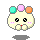 Pixel art character with pastel-colored gem-like hair accessories, pink cheeks, and a small red mouth in various expressions.