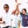 Animated sequence showing a person in multiple poses: raising arm, holding guitar, and smiling against blue background.