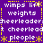 Purple background with yellow dashed borders and white text repeating 'wimps lift', 'weights', 'cheerleader', 'pleople' in a pattern