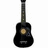 Black acoustic guitar with a circular sound hole and dark fretboard, surrounded by pixelated text fragments on white background.