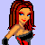 Pixel art contact sheet showing a female character in various poses with red and black clothing, accompanied by text elements "HOT" and "DEVIL BITCH" on separate backgrounds.