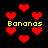 Pixelated red hearts float against a black background with yellow "Bananas" text appearing in four locations, some heart shapes blurred or distorted.
