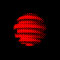 Red spherical icon with striped patterns rotating through on black background