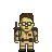 Pixel art character with brown hair, glasses, and a beige jumpsuit with green straps, standing against a gray background.