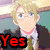 Pixelated anime-style character with blonde hair and glasses, wearing a dark jacket over a white shirt and pink collar, against a blurred background.
