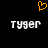 A black background displays an orange pixelated heart symbol above two identical white text strings reading 'TYGER' in a blocky font.