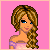 Pixel art contact sheet of a princess character in three frames showing facial expressions and dress details with text overlays on pink background