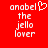 Red background with white pixelated text reading 'anabel the jello lover' and a heart symbol above 'anabel' on the left side.