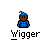 A 4x4 contact sheet of pixel art frames showing two cartoon characters in blue and teal outfits with a gray background, displaying sequential animation states including speech bubbles and action poses.