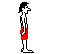 Pixelated character in red shorts stands on a watermelon slice, bending forward then swinging yellow stream with sparkles.