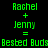 Green pixelated text on black background shows 'Rachel + Jenny = Bested Buds' with cyan highlight changes across three repeated