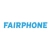 Pixelated blue text spelling 'FAIRPHONE' on a white background with light blue gradient accents.