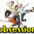 Animated sequence showing a group of people in dynamic poses above text reading 'obsession' and 'addiction', with stylized 'McFly' text below.