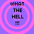 Four identical pixelated icons arranged in a , each displaying 'WHAT THE HELL !!!' text over concentric pink circles on a purple background