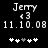 Pixelated black-and-white display shows 'Jerry' text, numeric values, date, and star icons with one grayed-out star in two side-by-side views.